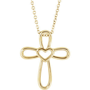 14K Gold Cross with Heart 16-18" Necklace