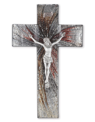 10" Shimmering Silver Glass Cross with Pewter Corpus