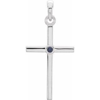14K White Natural Blue Sapphire Cross Pendant