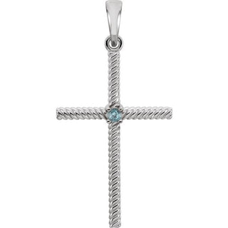 14K White Natural Swiss Blue Topaz Cross Pendant