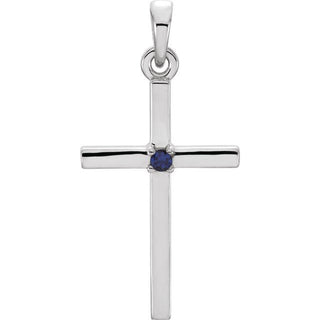 14K White Natural Blue Sapphire Cross Pendant