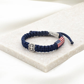 God Bless America Benedictine Blessing Bracelet navy cording with American flag tag