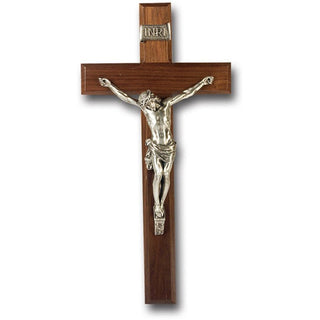 12" Walnut Wood Cross With Pewter Corpus