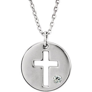 14K White .03 CTW Diamond Pierced Cross Disc 16-18" Necklace