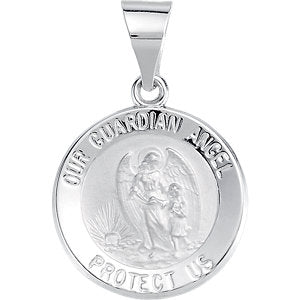 14K White 15 MM Round Hollow Guardian Angel Medal