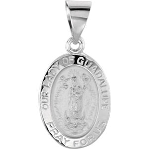 14K White 15x11 MM Oval Hollow Our Lady of Guadalupe Medal