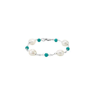 Sterling Silver Cultured White Freshwater Pearl & Natural Turquoise Station 7 1/2" Bracelet