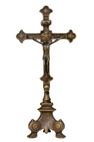 Double Sided Standing Crucifix in Antique Brass 13"