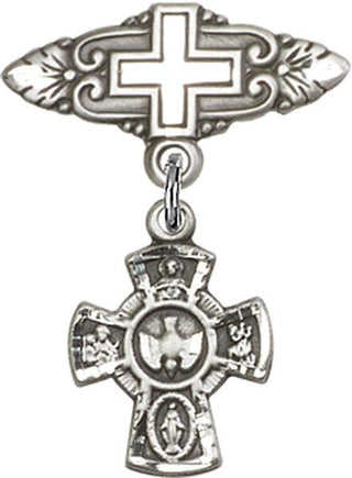 Sterling Silver Badge Pin With Cross 5-Way Baby Badge
