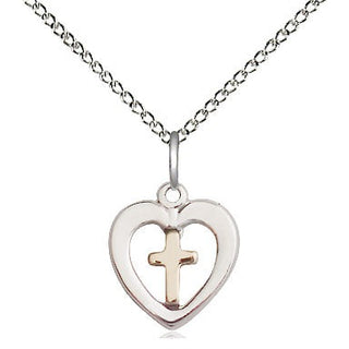 Two-Tone GF/SS Heart Cross Medal Religious and Catholic Jewelry