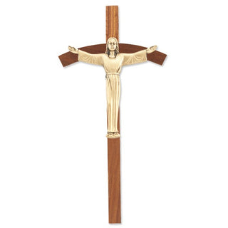 8" Walnut Cross With Gold Risen Christ Corpus