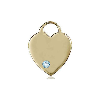 14kt Gold Filled Heart Pendant with a 3mm Aqua Swarovski stone on an 18-inch Gold Filled Light Curb Chain Engraved Catholic Saint Jewelry