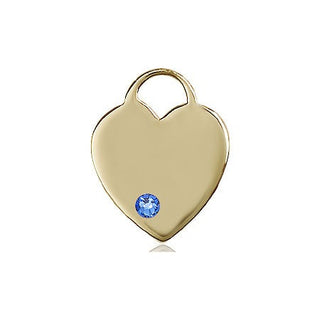 14kt Gold Filled Heart Pendant with a 3mm Sapphire Swarovski stone on an 18-inch Gold Filled Light Curb Chain Engraved Catholic Saint Jewelry