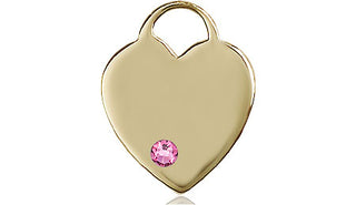 14kt Gold Heart Medal with a 3mm Rose Swarovski stone Engraved Catholic Saint Jewelry
