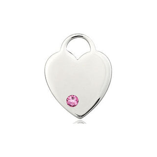 Sterling Silver Heart Pendant with a 3mm Rose Swarovski stone on an 18-inch Sterling Silver Light Curb Chain Engraved Catholic Saint Jewelry
