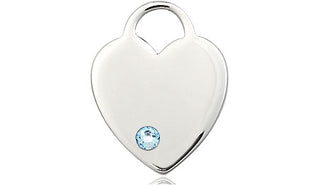 Sterling Silver Heart Pendant with a 3mm Aqua Swarovski stone on an 18-inch Sterling Silver Light Curb Chain Engraved Catholic Saint Jewelry