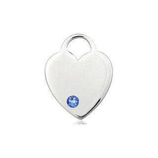 Sterling Silver Heart Pendant with a 3mm Sapphire Swarovski stone on an 18-inch Sterling Silver Light Curb Chain Engraved Catholic Saint Jewelry