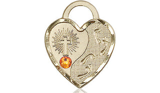 14kt Gold Filled Footprints Heart Pendant with a 3mm Topaz Swarovski stone on an 18-inch Gold Filled Light Curb Chain Engraved Catholic Saint Jewelry