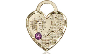 14kt Gold Filled Footprints Heart Pendant with a 3mm Amethyst Swarovski stone on an 18-inch Gold Filled Light Curb Chain Engraved Catholic Saint Jewelry
