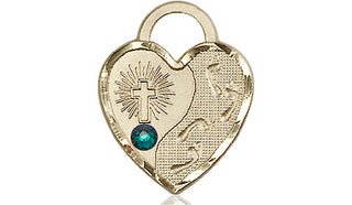 14kt Gold Filled Footprints Heart Pendant with a 3mm Emerald Swarovski stone on an 18-inch Gold Filled Light Curb Chain Engraved Catholic Saint Jewelry