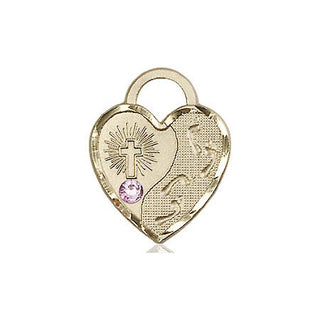 14kt Gold Filled Footprints Heart Pendant with a 3mm Light Amethyst Swarovski stone on an 18-inch Gold Filled Light Curb Chain Engraved Catholic Saint Jewelry