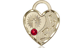 14kt Gold Filled Footprints Heart Pendant with a 3mm Ruby Swarovski stone on an 18-inch Gold Filled Light Curb Chain Engraved Catholic Saint Jewelry