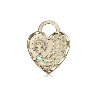 14kt Gold Filled Footprints Heart Pendant with a 3mm Peridot Swarovski stone on an 18-inch Gold Filled Light Curb Chain Engraved Catholic Saint Jewelry