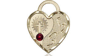 14kt Gold Footprints Heart Medal with a 3mm Garnet Swarovski stone Engraved Catholic Saint Jewelry