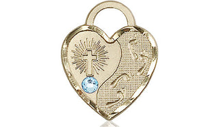 14kt Gold Footprints Heart Medal with a 3mm Aqua Swarovski stone Engraved Catholic Saint Jewelry