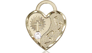 14kt Gold Footprints Heart Medal with a 3mm Crystal Swarovski stone Engraved Catholic Saint Jewelry