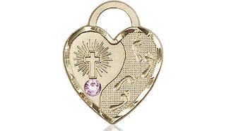14kt Gold Footprints Heart Medal with a 3mm Light Amethyst Swarovski stone Engraved Catholic Saint Jewelry