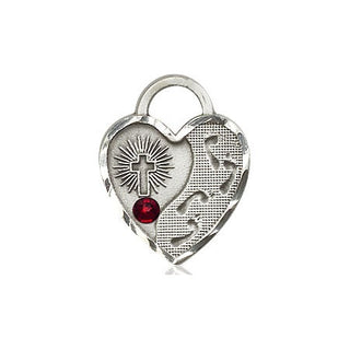 Sterling Silver Footprints Heart Pendant with a 3mm Garnet Swarovski stone on an 18-inch Sterling Silver Light Curb Chain Engraved Catholic Saint Jewelry
