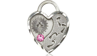 Sterling Silver Footprints Heart Pendant with a 3mm Rose Swarovski stone on an 18-inch Sterling Silver Light Curb Chain Engraved Catholic Saint Jewelry