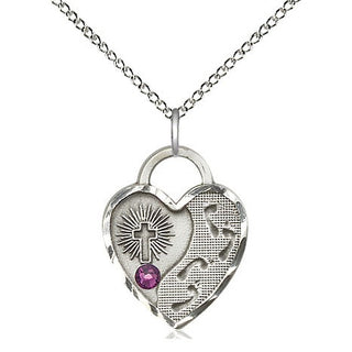 Sterling Silver Footprints Heart Charm Amethyst | 18-inch Chain | Engravable