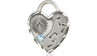 Sterling Silver Footprints Heart Pendant with a 3mm Aqua Swarovski stone on an 18-inch Sterling Silver Light Curb Chain Engraved Catholic Saint Jewelry