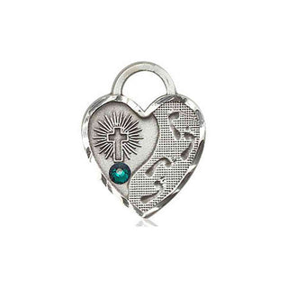 Sterling Silver Footprints Heart Pendant with a 3mm Emerald Swarovski stone on an 18-inch Sterling Silver Light Curb Chain Engraved Catholic Saint Jewelry