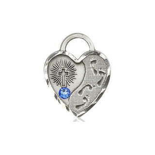 Sterling Silver Footprints Heart Pendant with a 3mm Sapphire Swarovski stone on an 18-inch Sterling Silver Light Curb Chain Engraved Catholic Saint Jewelry