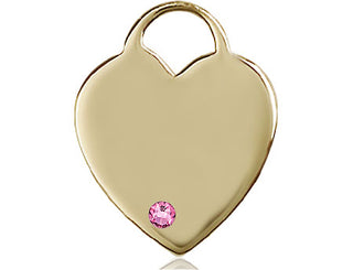 14kt Gold Heart Medal with a 3mm Rose Swarovski stone Engraved Catholic Saint Jewelry