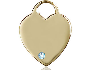 14kt Gold Heart Medal with a 3mm Aqua Swarovski stone Engraved Catholic Saint Jewelry