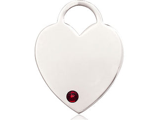 Sterling Silver Heart Pendant with a 3mm Garnet Swarovski stone on an 18-inch Sterling Silver Light Curb Chain Engraved Catholic Saint Jewelry
