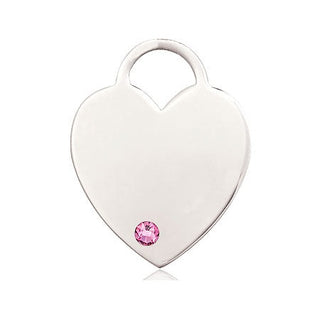Sterling Silver Heart Pendant with a 3mm Rose Swarovski stone on an 18-inch Sterling Silver Light Curb Chain Engraved Catholic Saint Jewelry