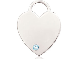 Sterling Silver Heart Pendant with a 3mm Aqua Swarovski stone on an 18-inch Sterling Silver Light Curb Chain Engraved Catholic Saint Jewelry