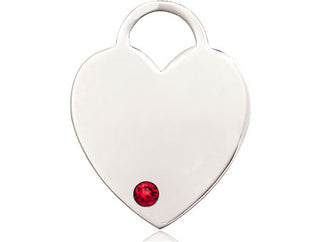 Sterling Silver Heart Pendant with a 3mm Ruby Swarovski stone on an 18-inch Sterling Silver Light Curb Chain Engraved Catholic Saint Jewelry