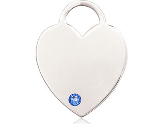 Sterling Silver Heart Pendant with a 3mm Sapphire Swarovski stone on an 18-inch Sterling Silver Light Curb Chain Engraved Catholic Saint Jewelry