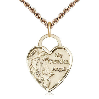 14kt Gold Filled Guardian Angel Heart Medal Catholic Jewelry Engraved Catholic Saint Jewelry