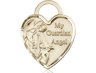 14kt Gold Guardian Angel Heart Medal Engraved Catholic Saint Jewelry