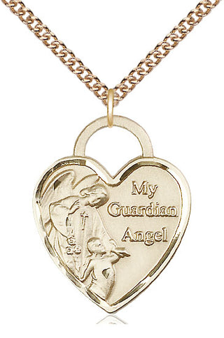 14kt Gold Guardian Angel Heart Medal Engraved Catholic Saint Jewelry