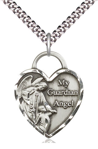 Sterling Silver Guardian Angel Heart Medal Catholic Jewelry Engraved Catholic Saint Jewelry