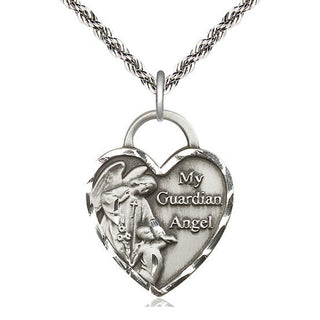 Sterling Silver Guardian Angel Heart Medal Catholic Jewelry Engraved Catholic Saint Jewelry