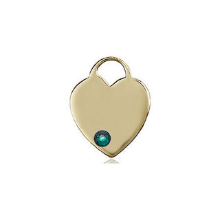 14kt Gold Heart Medal with a 3mm Emerald Swarovski stone Engraved Catholic Saint Jewelry